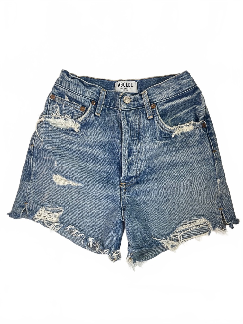 Agolde A083 C-811 Blue Cotton Distressed High Rise Denim Cutoff Shorts Size 24